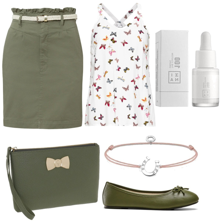 Outfit donna - Total look #1678560. Stile Basic per Tutti i giorni. Abbinamento con top, minigonne, ballerine, fondotinta, pochette, braccialetti.