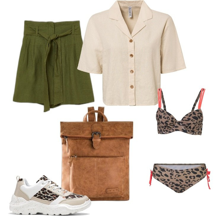 Outfit donna - Tutti i giorni mare/piscina. Stile Trendy per Tutti i giorni. Abbinamento con bikini, zaini, camicie, sneakers, pantaloni corti.
