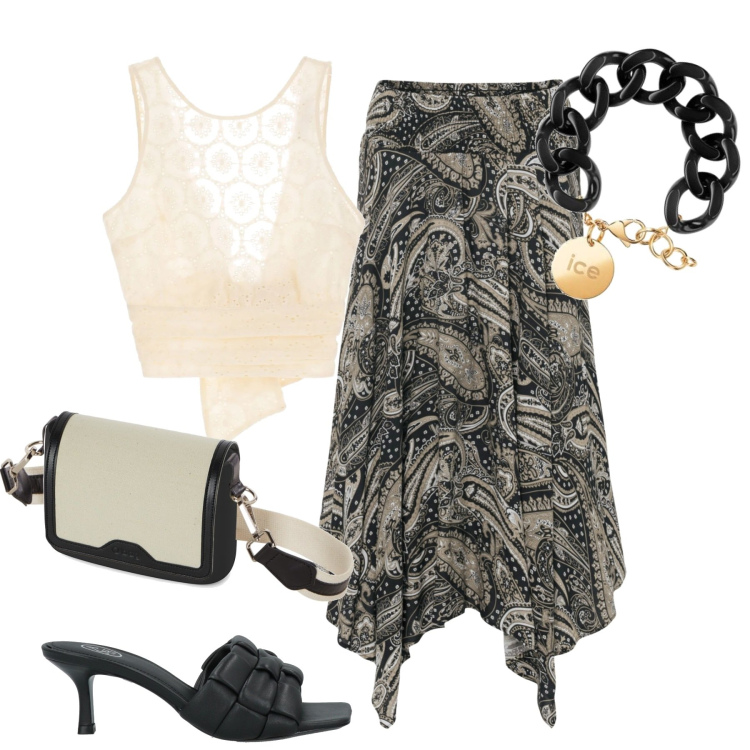 Outfit donna - La gonna asimmetrica. Stile Casual chic per Tutti i giorni. Abbinamento con gonne longuette, sandali in pelle, top, braccialetti, borse a spalla.