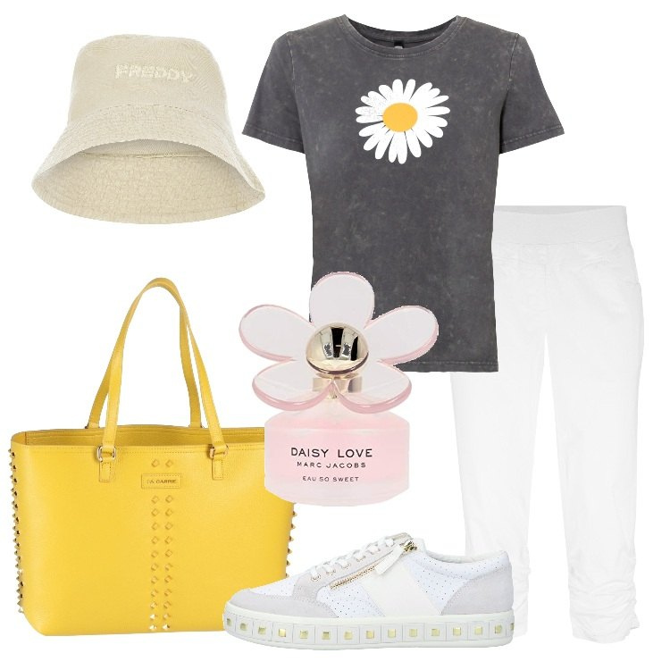 Outfit donna - Visita alle città d\'arte. Stile Casual per Tutti i giorni. Abbinamento con t-shirt, pantaloni, sneakers, borse a mano, cappelli, profumi.