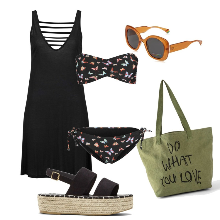 Outfit donna - Il giorno dopo il matrimonio di Cristina. Stile Casual per Mare. Abbinamento con bikini, vestiti da spiaggia, sandali, shopping bag, occhiali da sole.