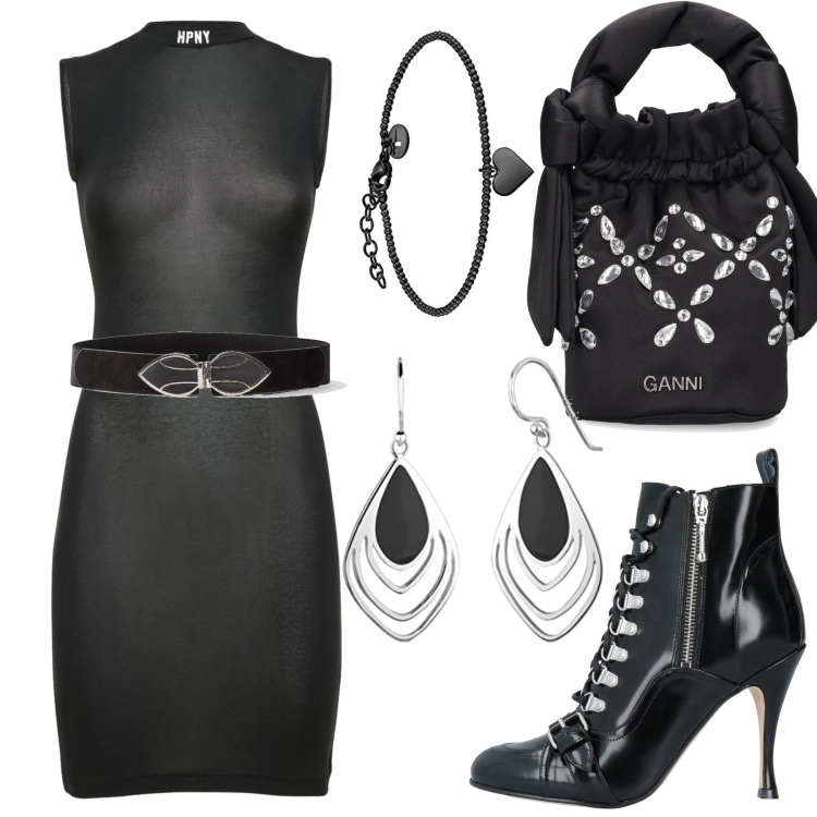 Outfit donna - Sexy e curvy. Stile Sexy per Serata fuori. Abbinamento con cinture, stivaletti, vestiti senza maniche, braccialetti, orecchini, borse a spalla.