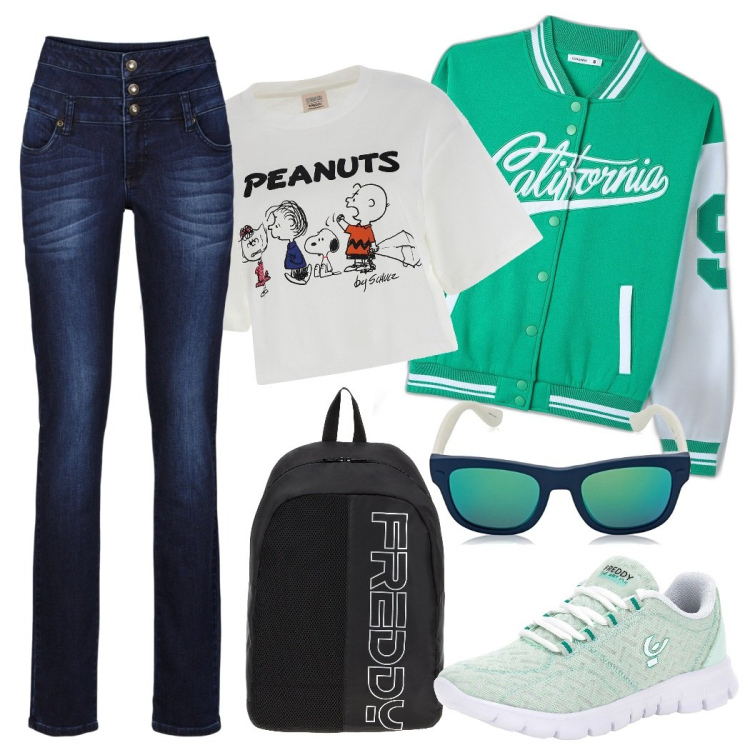 Outfit donna - Rientro a scuola. Stile Casual per Scuola/Università. Abbinamento con jeans skinny, bomber, zaini, t-shirt, sneakers, occhiali da sole.