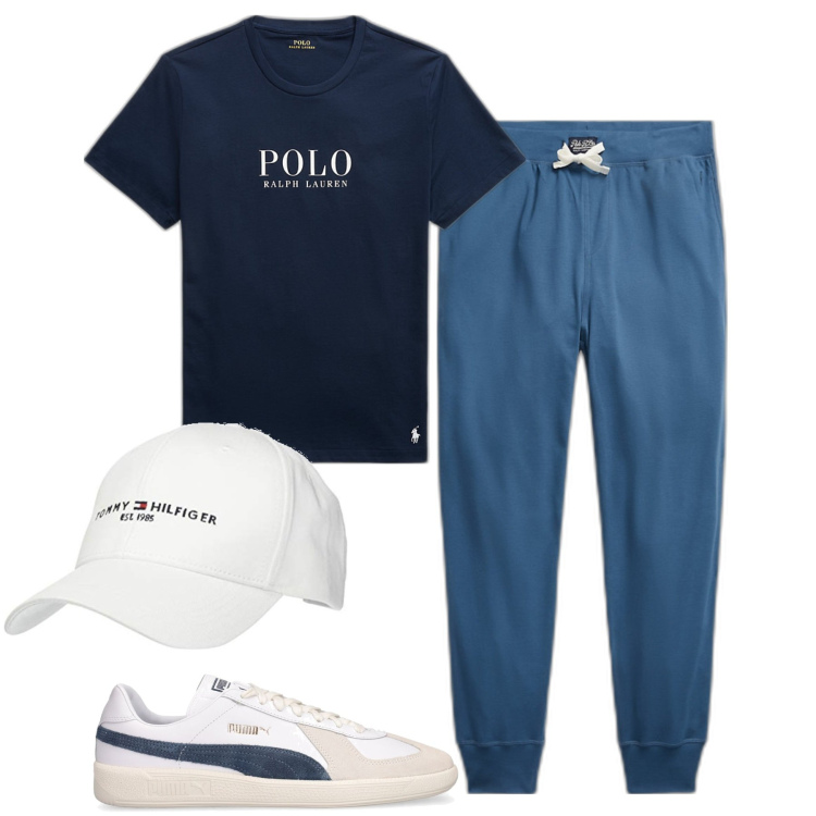 Outfit uomo - Total look #1678768. Stile Casual per Tutti i giorni. Abbinamento con t-shirt, pantaloni, cappelli con visiera, sneakers.