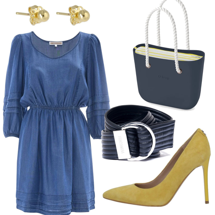 Outfit donna - Curvy in blu e giallo. Stile Casual per Tutti i giorni. Abbinamento con décolleté, cinture, vestiti corti, borse a spalla, orecchini.