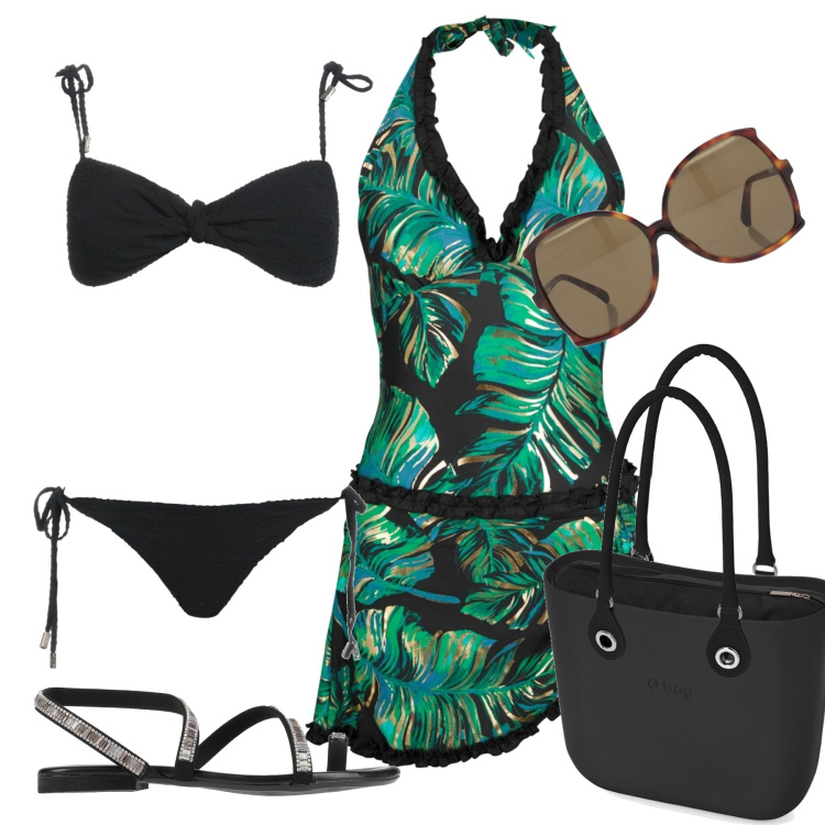 Outfit donna - Mareeeee. Stile Basic per Mare. Abbinamento con vestiti da spiaggia, infradito, occhiali da sole, bikini, borse a spalla.