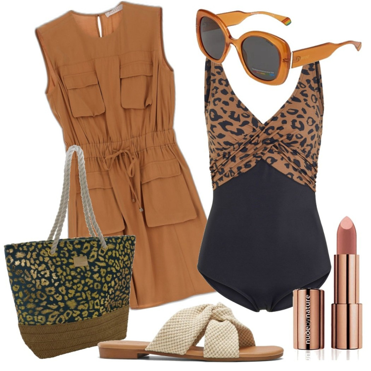 Outfit donna - Destinazione mare. Stile Etnico per Mare. Abbinamento con costumi interi, ciabatte, vestiti corti, occhiali da sole, borse a secchiello, rossetti.