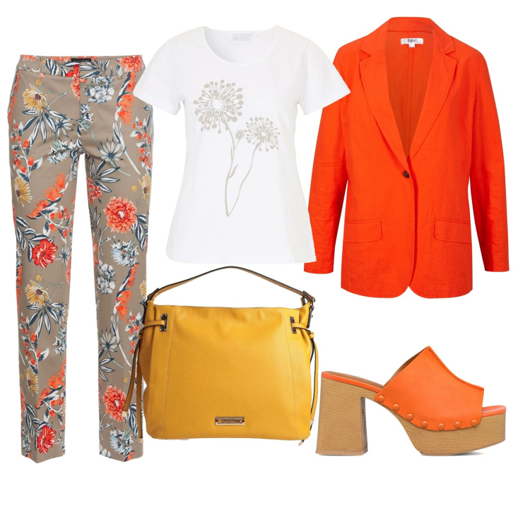 Outfit donna - Curvy Orange mix. Stile Casual chic per Tutti i giorni. Abbinamento con pantaloni, t-shirt, blazer, borse a mano, sandali in pelle.