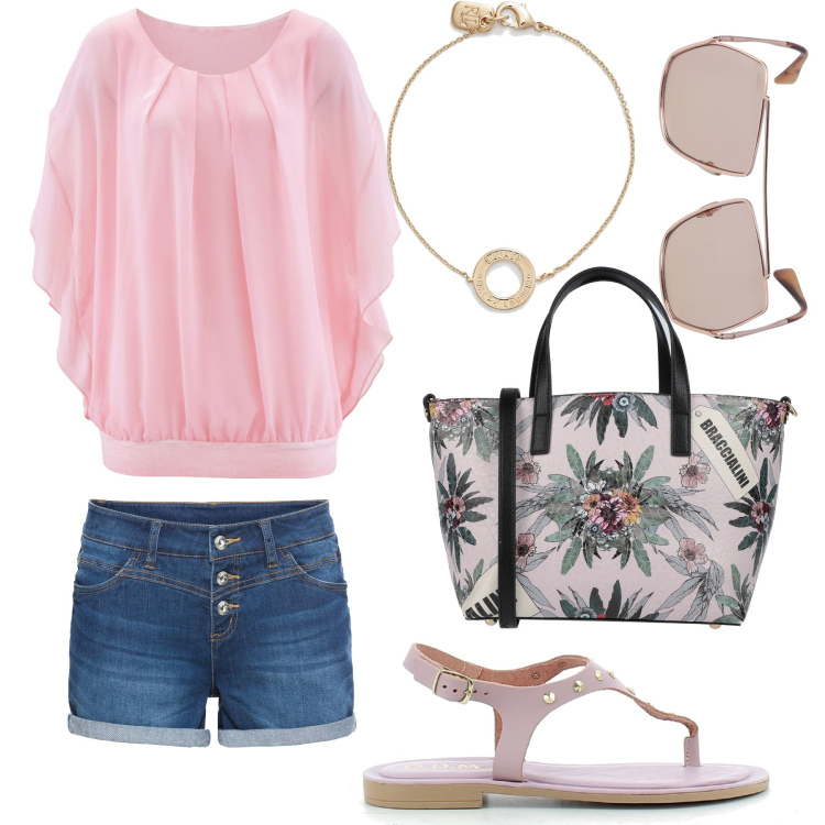 Outfit donna - Passeggiata lungofiume. Stile Casual per Tutti i giorni. Abbinamento con shorts, bluse, borse a mano, sandali in pelle, braccialetti, occhiali da sole.