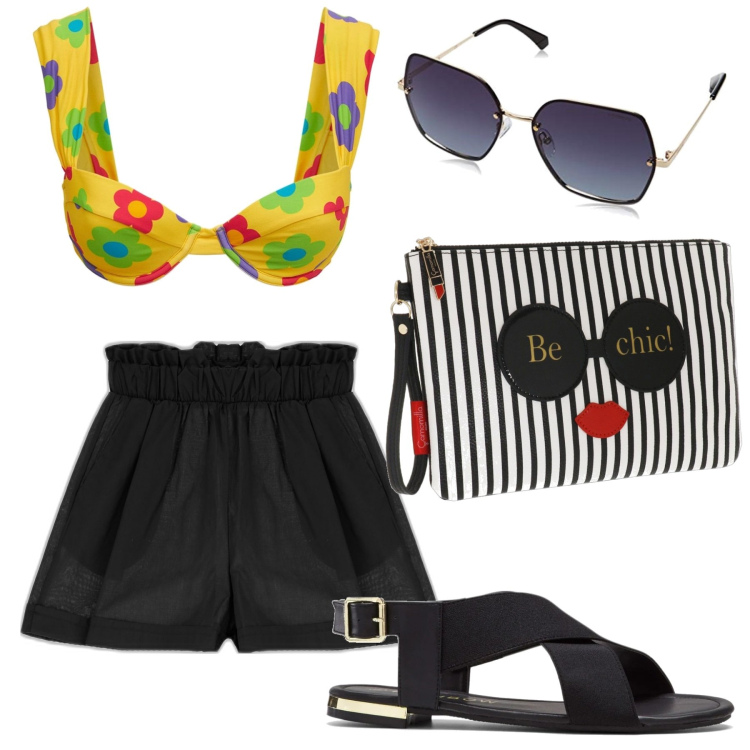 Outfit donna - Shorts neri al mare. Stile Basic per Mare. Abbinamento con sandali, shorts, bikini, occhiali da sole, pochette.
