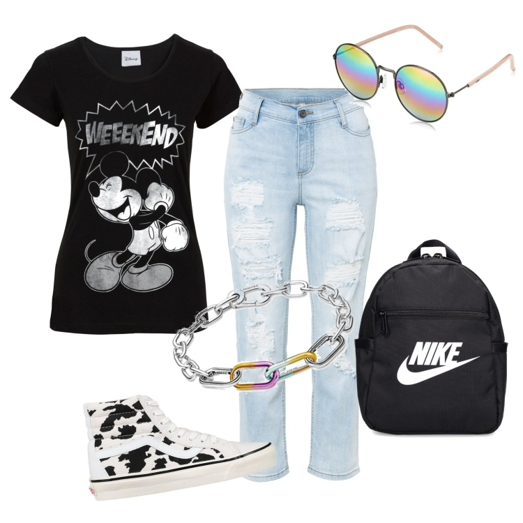 Outfit donna - Incontriamoci al pub. Stile Sporty chic per Tutti i giorni. Abbinamento con t-shirt, jeans strappati, sneakers, braccialetti, zaini, occhiali da sole.