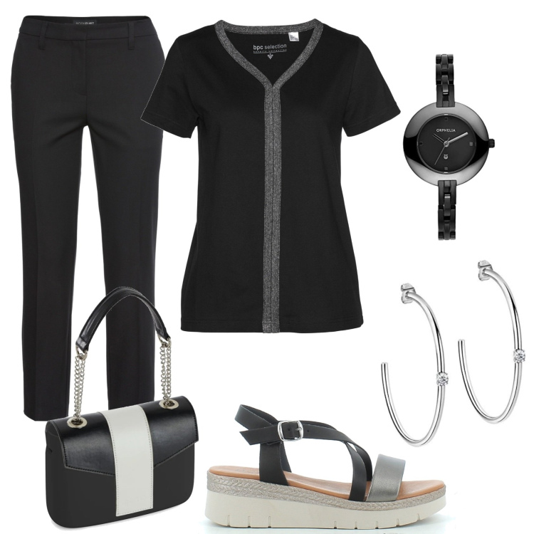 Outfit donna - Argento e nero. Stile Casual chic per Serata fuori. Abbinamento con pantaloni, t-shirt, zeppe, orecchini, borse a spalla, orologi analogici.
