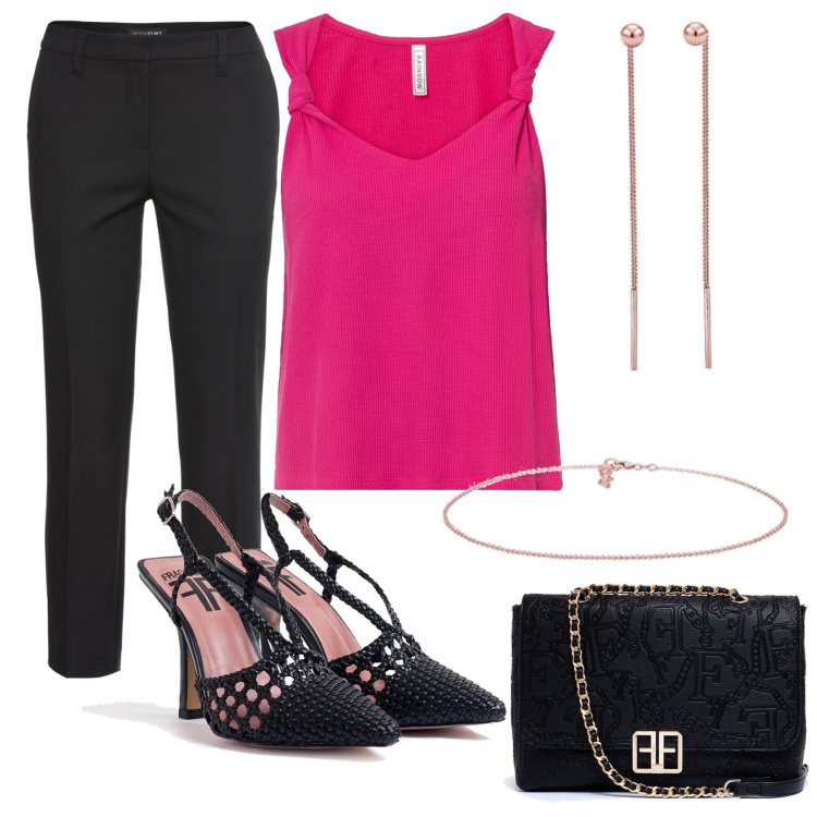 Outfit donna - Aperitivo in fucsia. Stile Chic per Serata fuori. Abbinamento con pantaloni, top, décolleté, clutch, orecchini, collane.