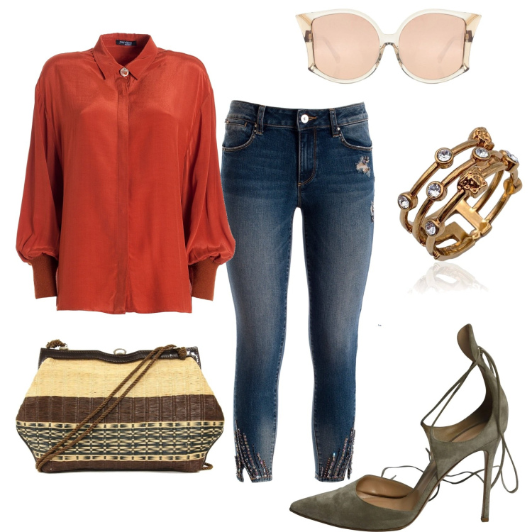 Outfit donna - Francomina glam. Stile Etnico per Tutti i giorni. Abbinamento con occhiali da sole, décolleté, borse a spalla, anelli, camicie, jeans skinny.