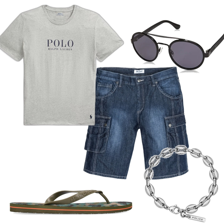 Outfit uomo - Bermuda jeans e maglietta. Stile Trendy per Tutti i giorni. Abbinamento con bermuda, t-shirt, occhiali da sole, sandali, braccialetti.