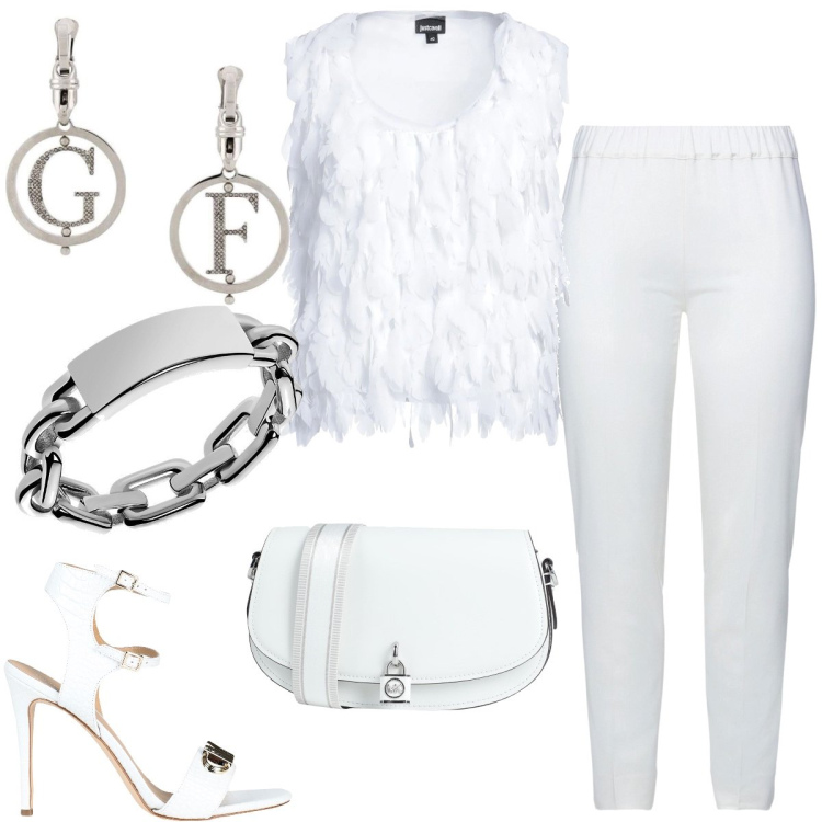Outfit donna - Total look #1678934. Stile Chic per Serata fuori. Abbinamento con top, sandali in pelle, borse a tracolla, orecchini, pantaloni, anelli.