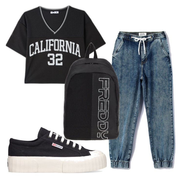 Outfit donna - Total look #1678958. Stile Basic per Tutti i giorni. Abbinamento con jeans dritti, t-shirt, zaini, sneakers.