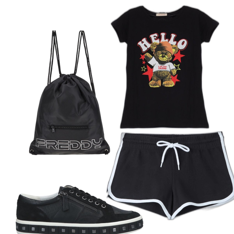 Outfit donna - Total look #1678964. Stile Basic per Sport. Abbinamento con sneakers, shorts, t-shirt, zaini.
