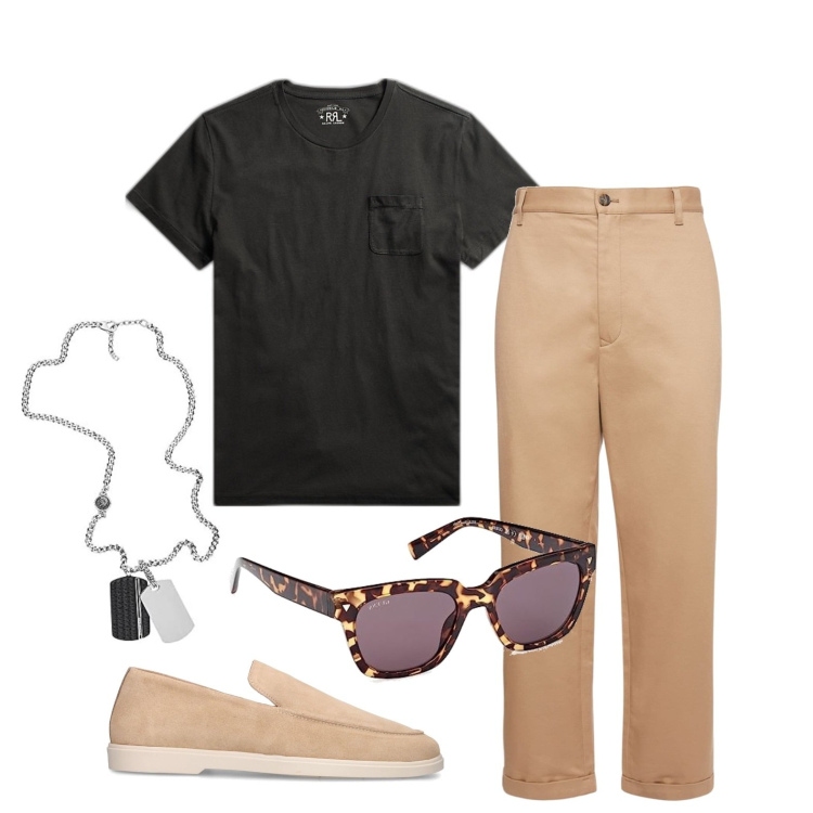 Outfit uomo - Ghost outfitter - luglio. Stile Casual per Ufficio. Abbinamento con t-shirt, collane, scarpe stringate, pantaloni chino, occhiali da sole.
