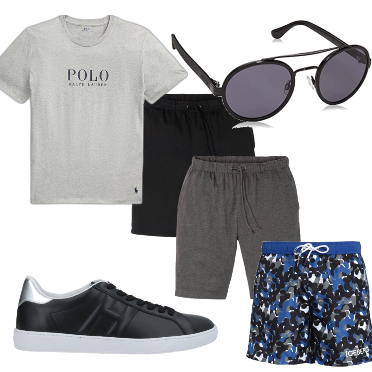 Outfit uomo - Total look #1678991. Stile Trendy per Mare. Abbinamento con bermuda, sneakers, costumi, t-shirt, occhiali da sole.