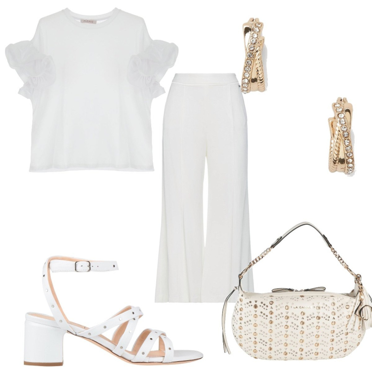 Outfit donna - Total White 70s. Stile 70s per Tutti i giorni. Abbinamento con pantaloni, borse a spalla, sandali in pelle, t-shirt, orecchini.