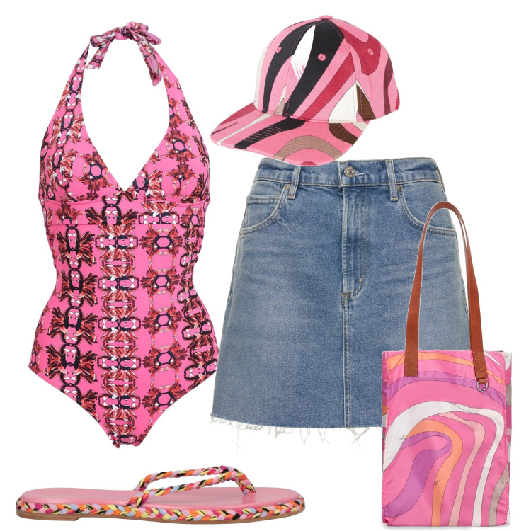 Outfit donna - Haiti. Stile Sporty chic per Mare. Abbinamento con infradito, costumi interi, shopping bag, minigonne, cappelli.