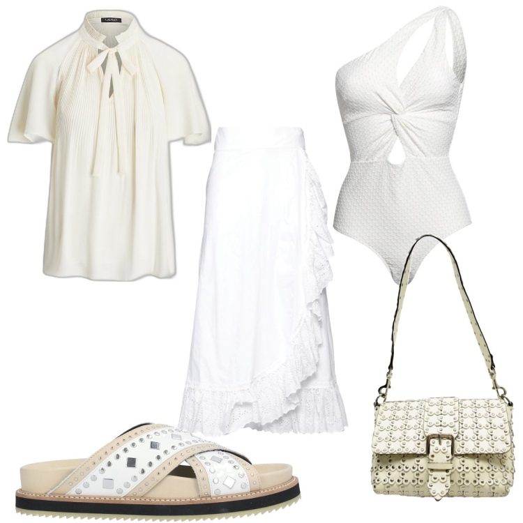Outfit donna - Total White al mare. Stile Boho per Mare. Abbinamento con sandali in pelle, costumi interi, gonne lunghe, borse a spalla, camicie.