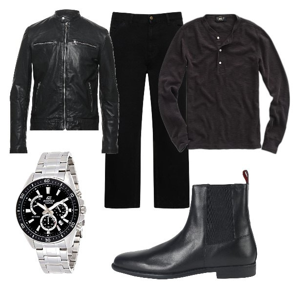 Outfit uomo - Total look #1679038. Stile Biker Rock per Tutti i giorni. Abbinamento con giacche, stivali e stivaletti, t-shirt, orologi, pantaloni.