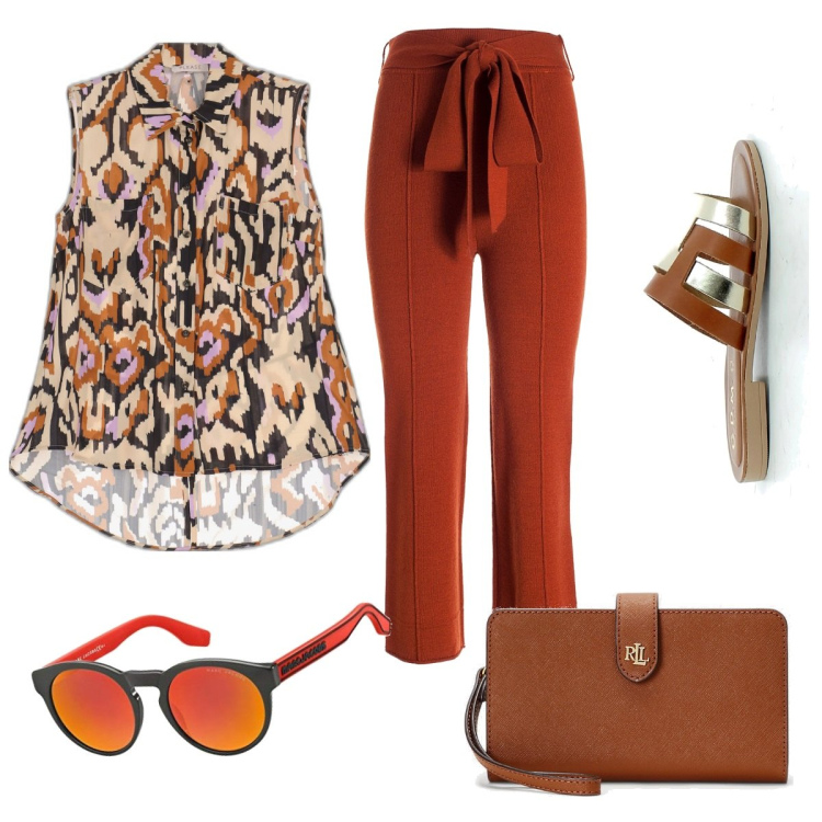 Outfit donna - Toni caldi. Stile Sporty chic per Tutti i giorni. Abbinamento con bluse, pantaloni, sandali in pelle, pochette, occhiali da sole.