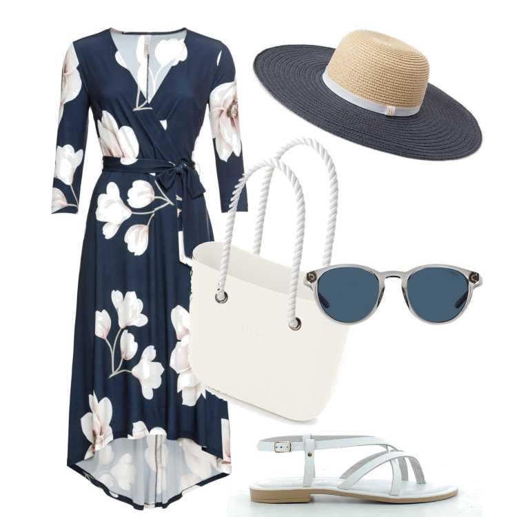 Outfit donna - Aperitivo tra amiche in fiori e blu. Stile Glamour per Serata fuori. Abbinamento con vestiti lunghi, sandali in pelle, occhiali da sole, cappelli, borse a spalla.