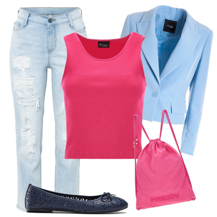 Outfit donna - Angel. Stile Casual chic per Scuola/Università. Abbinamento con ballerine, jeans strappati, blazer, top, zaini.