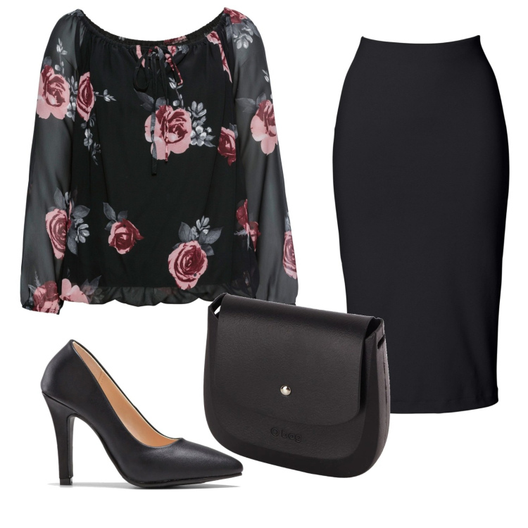 Outfit donna - Rose su sfondo nero. Stile Bon Ton per Serata fuori. Abbinamento con gonne longuette, décolleté, bluse, borse a spalla.