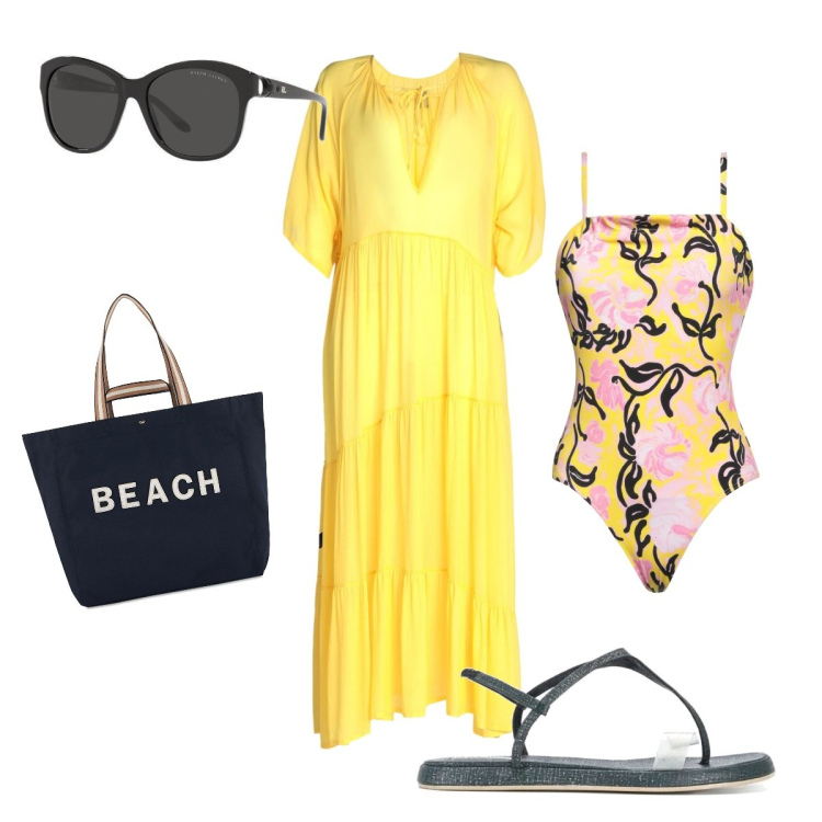 Outfit donna - Giallo e nero. Stile Sporty chic per Mare. Abbinamento con costumi interi, infradito, vestiti da spiaggia, occhiali da sole, shopping bag.