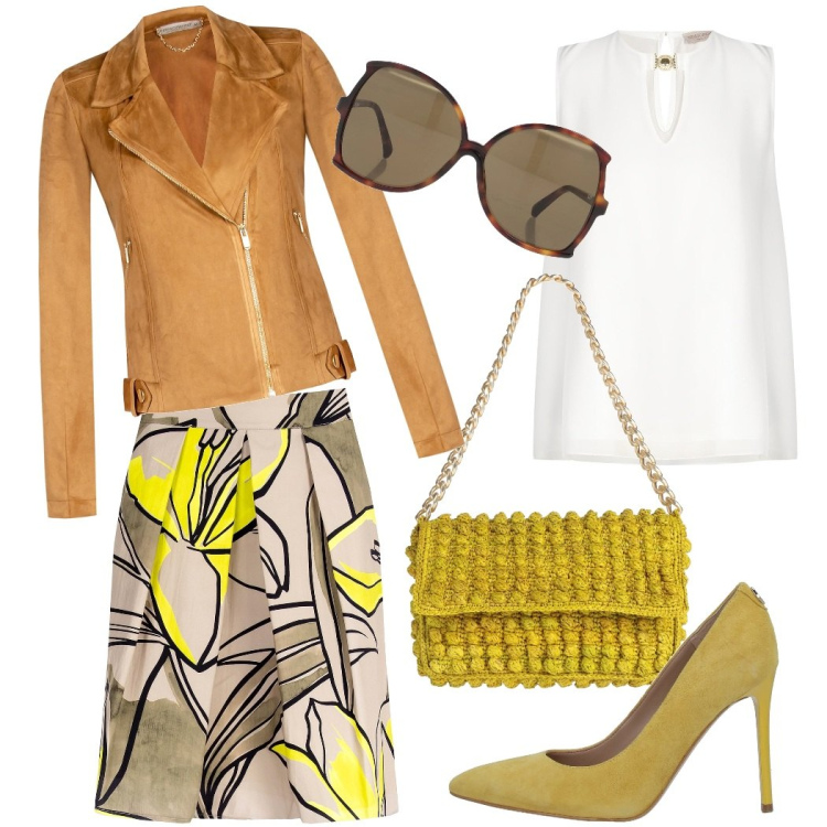 Outfit donna - Eleganza contemporanea. Stile Chic per Tutti i giorni. Abbinamento con décolleté, borse a mano, occhiali da sole, giacche, gonne, top.