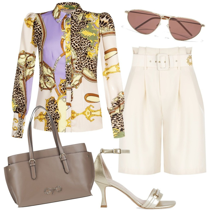 Outfit donna - Aperitivo in centro. Stile Chic per Tutti i giorni. Abbinamento con borse a spalla, occhiali da sole, bermuda, camicie, sandali col tacco.