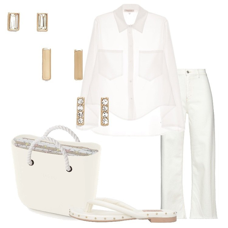 Outfit donna - Total white look. Stile Minimal per Tutti i giorni. Abbinamento con infradito, pantaloni, camicie, orecchini, borse a spalla.