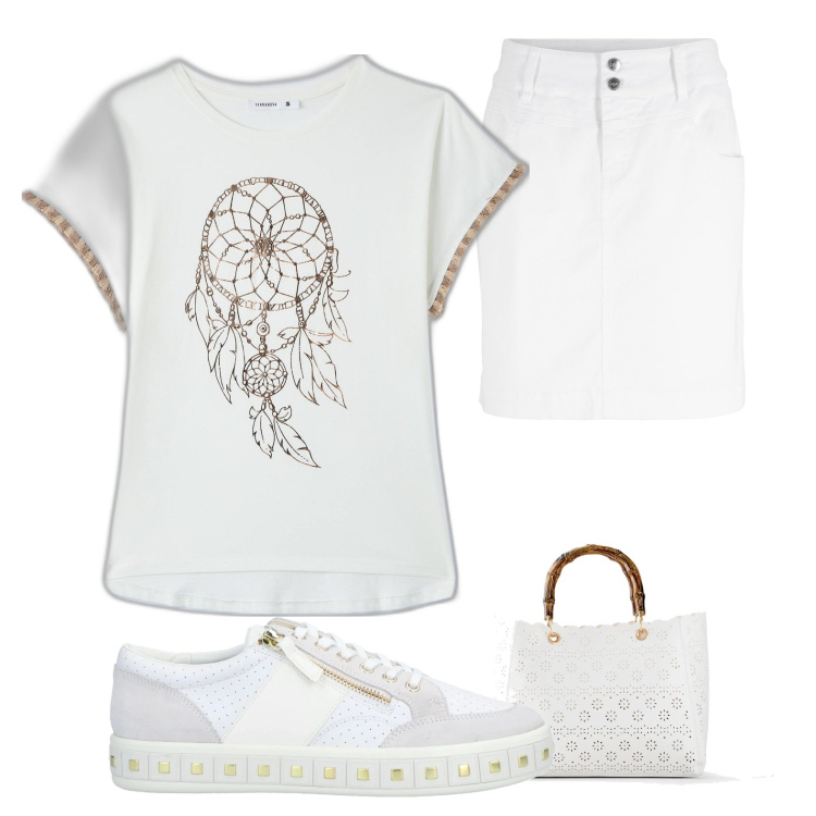 Outfit donna - Total look #1679201. Stile Casual chic per Tutti i giorni. Abbinamento con minigonne, borse a mano, sneakers, t-shirt.