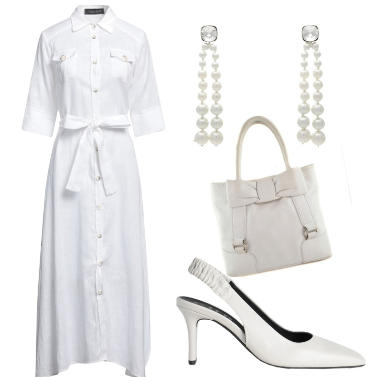 Outfit donna - Total white. Stile Bon Ton per Tutti i giorni. Abbinamento con décolleté, vestiti midi/longuette, borse a mano, orecchini.