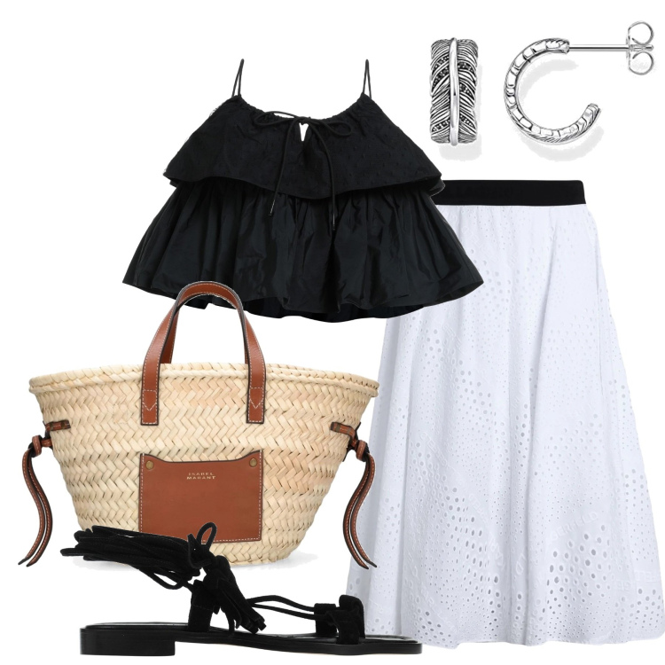 Outfit donna - Svolazzante. Stile Chic per Tutti i giorni. Abbinamento con infradito, gonne longuette, top, orecchini, shopping bag.