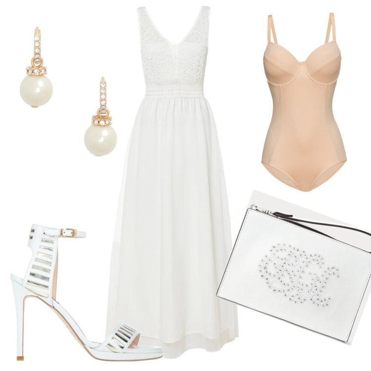 Outfit donna - Abito bianco con dettagli in pizzo. Stile Romantica per Cerimonia. Abbinamento con body, vestiti, sandali in pelle, pochette, orecchini.