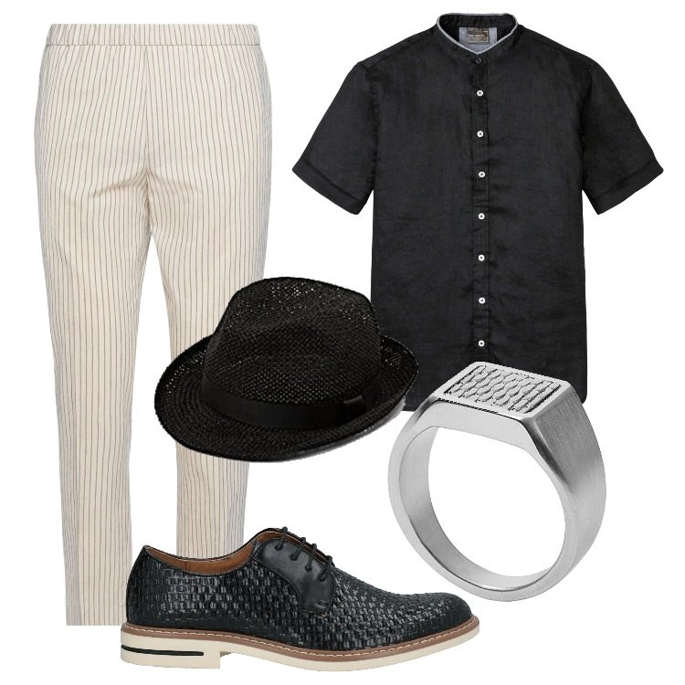 Outfit uomo - Serata Jazz. Stile Trendy per Serata speciale. Abbinamento con camicie a manica corta, pantaloni, scarpe stringate, cappelli, anelli.