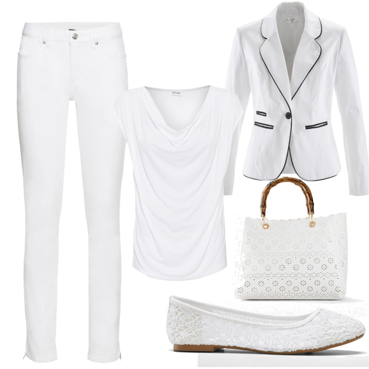 Outfit donna - Ufficio in Total White. Stile Casual chic per Ufficio. Abbinamento con maglieria, ballerine, blazer, jeans skinny, borse a mano.