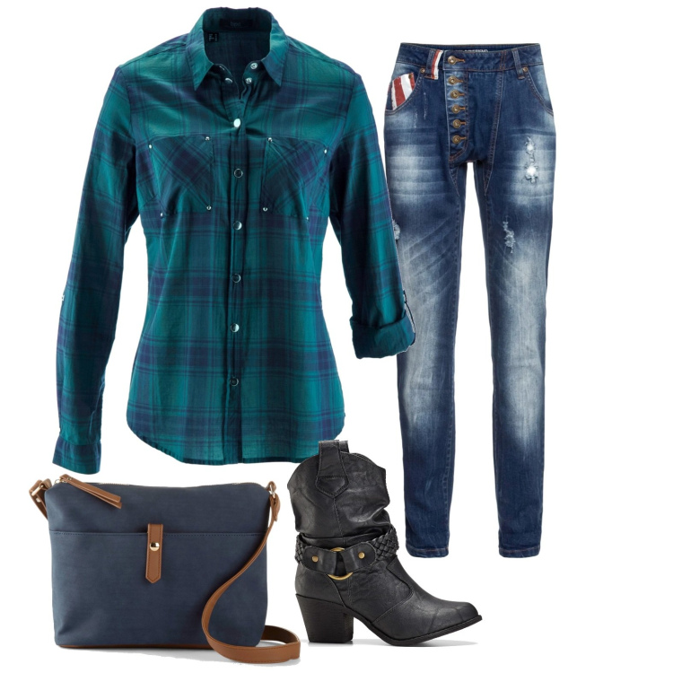 Outfit donna - Total look #1679284. Stile Sporty chic per Tutti i giorni. Abbinamento con camicie, jeans boyfriend, stivaletti texani, borse a tracolla.