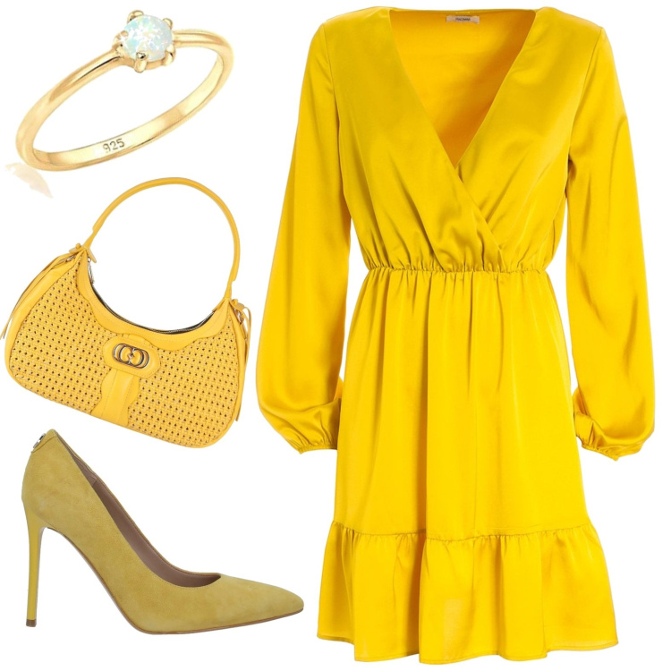 Outfit donna - Yellow. Stile Casual chic per Ufficio. Abbinamento con décolleté, borse a mano, vestiti, anelli.