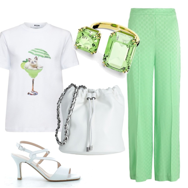 Outfit donna - Aperitivo in centro. Stile Casual chic per Serata fuori. Abbinamento con pantaloni, borse a tracolla, sandali in pelle, sandali in pelle, t-shirt, anelli.