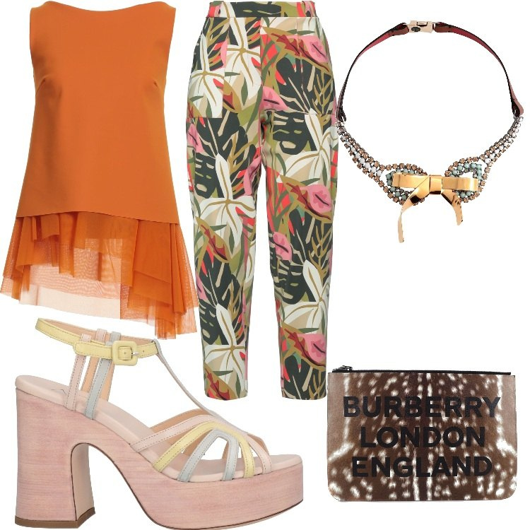 Outfit donna - top arancio pantaloni floreali. Stile Casual per Tutti i giorni. Abbinamento con top, pantaloni, sandali in pelle, borse a mano, collane.