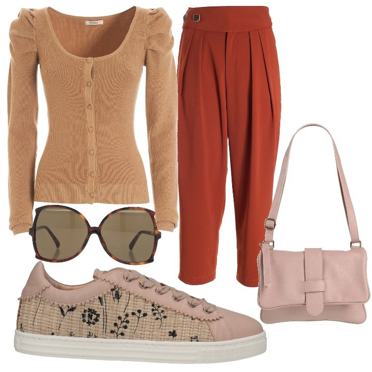 Outfit donna - maglia beige pantaloni arancio. Stile Urban per Tutti i giorni. Abbinamento con sneakers, occhiali da sole, borse a spalla, cardigans, pantaloni.