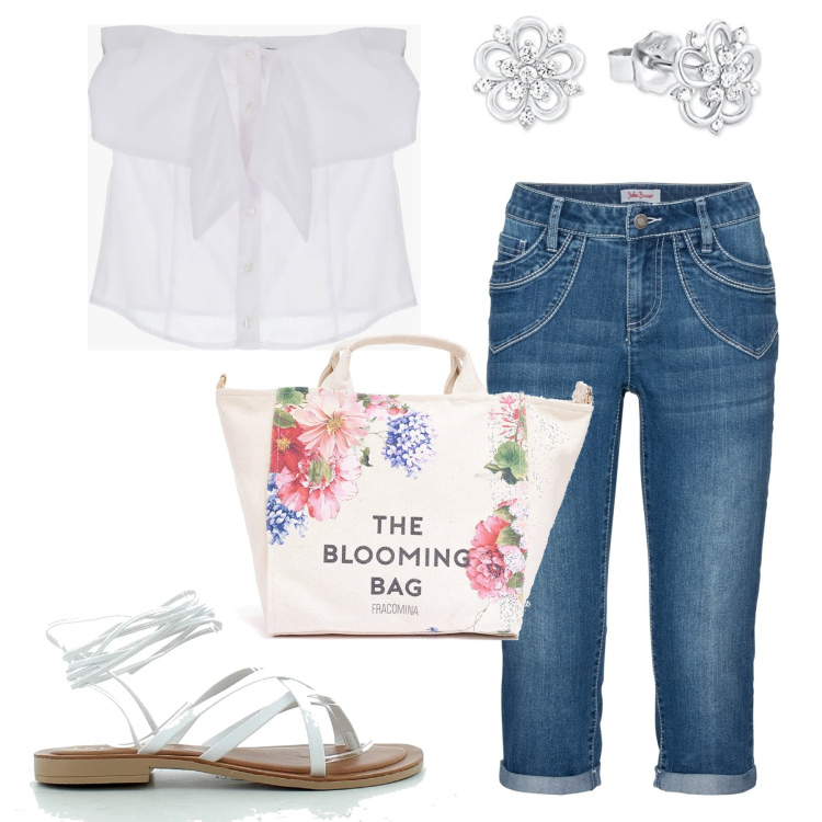 Outfit donna - Il top bianco e jeans capri. Stile Romantica per Mare. Abbinamento con jeans dritti, top, borse tote, sandali alla schiava, orecchini.