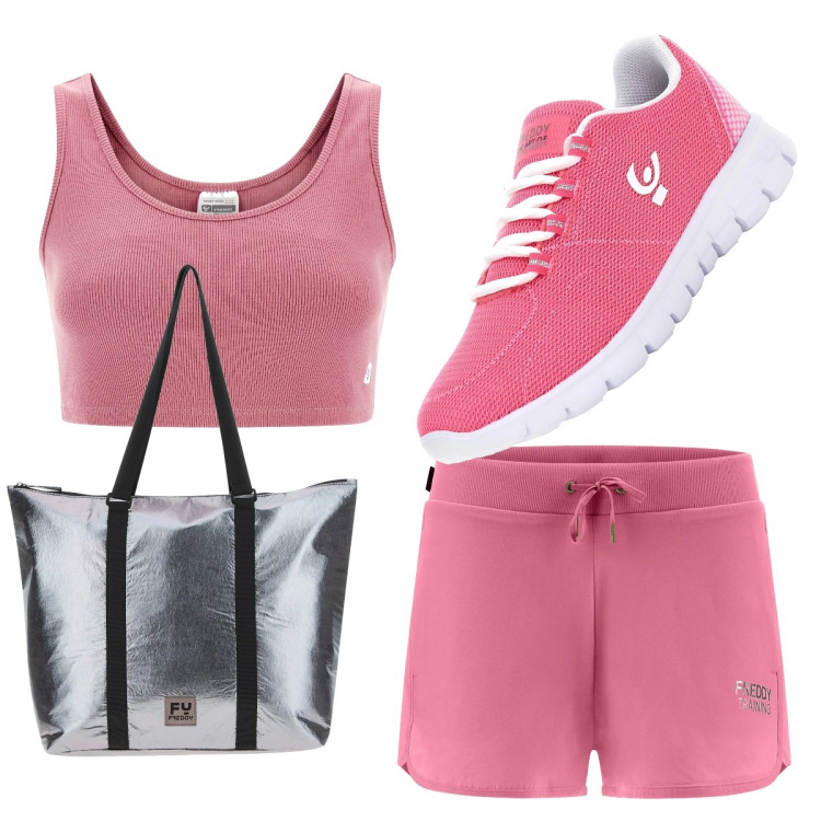 Outfit donna - Rosa freddy. Stile Sporty chic per Tutti i giorni. Abbinamento con shorts, sneakers, top, borse tote.