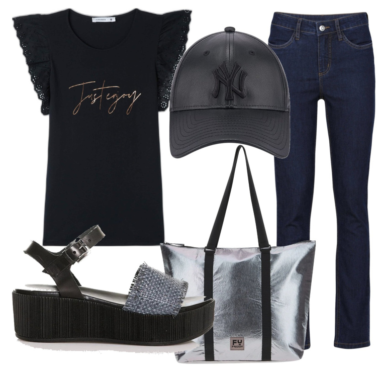 Outfit donna - Total look #1679423. Stile Trendy per Tutti i giorni. Abbinamento con jeans, t-shirt, sandali, borse tote, cappelli.